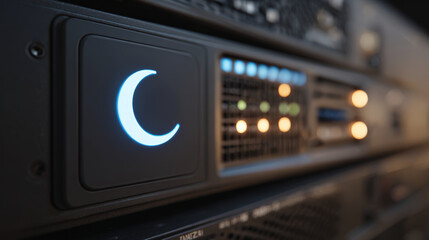Obraz premium Server rack moon icon sleep mode button indicator data center network status glows calm