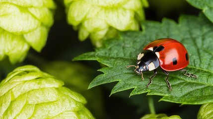 Vibrant Ladybug on Green Leaf Surrounded by Fresh Hops and Lush Foliage in a Bright Nature Setting