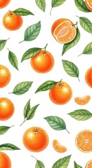 Obraz premium Elegant seamless pattern showcasing vibrant hand-drawn tangerines and leaves