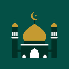Minimalist Mosque Illustration with Crescent Moon and Star on Dome.