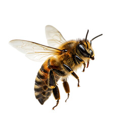 Bee isolated on white background with wings and pollen closeup