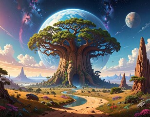 Enchanting alien landscape featuring a gigantic tree and cosmic elements