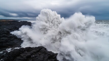 Dramatic Ocean Waves Crashing Against Rocky Shoreline Creating Beautiful White Foam and Spray in Wild Seascape
