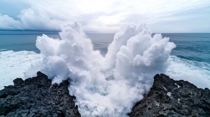 Majestic Ocean Waves Crash Against Rocky Shoreline Under Dramatic Stormy Sky in Coastal Wilderness Landscape