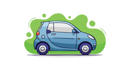 Cartoon illustration of a compact blue car with green background. Ideal for automotive design, transportation, and urban mobility concepts.