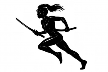 Female ninja silhouette running, wielding katana and tanto, conveying swift martial prowess against transparent backdrop