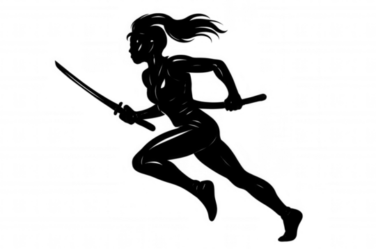 Female ninja silhouette running, wielding katana and tanto, conveying swift martial prowess against transparent backdrop