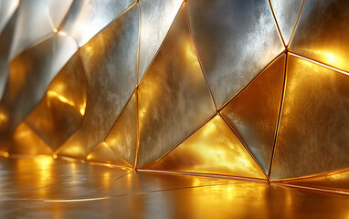 Abstract Gold and Silver Geometric Wall with Triangular Panels and Metallic Reflections
