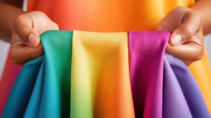 Colorful Fabric Drapes Held by Hands Showcasing a Spectrum of Bright and Vibrant Shades in Smooth Textures