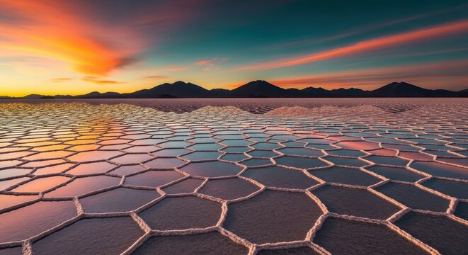Stunning Sunset Over Salt Flats in Bolivia, Geometric Pattern