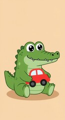 Obraz premium A cheerful cartoon crocodile holds a red toy car, showcasing a playful and endearing design.