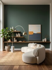 Modern minimalist living room with dark green accent wall, abstract art, floating shelves, and curved white sofa