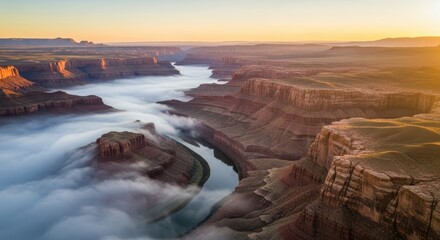 Sunrise Over Canyon with Fog - Aerial View
