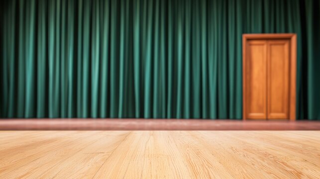 Empty Stage with Green Curtains and Wooden Floor Perfect for Theatrical Productions or Presentations
