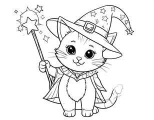 Enchanting feline wizard with star wand, ready for magical coloring pages