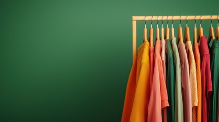 Colorful Collection of Casual Shirts Hanging on a Wooden Rack Against a Vibrant Green Background