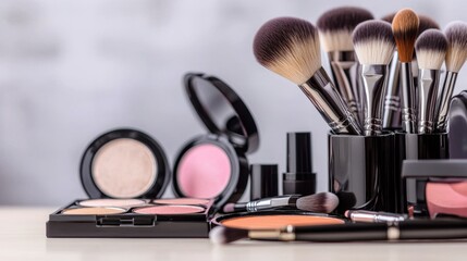 Essential Makeup Tools and Products Showcase with Brushes, Palettes, and Cosmetics for Beauty Lovers