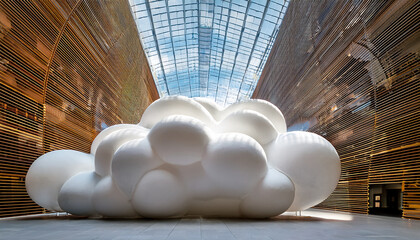 Organic cloud-like sculpture inside a building with wooden slatted walls installation