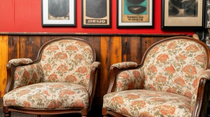 Vintage Floral Armchairs in Cozy Interior with Colorful Artwork on Wall
