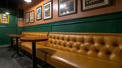 Cozy Vintage Style Bar Interior with Leather Seating and Framed Posters on Walls
