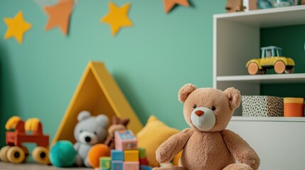 Cozy and Colorful Children's Playroom with Plush Toys, Decorative Elements, and Educational Blocks