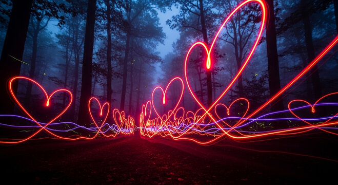 A cinematic long exposure shot of glowing heart light trails - Powered by Adobe