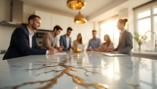 Team Business Meeting Around a Glossy Table with a Branch-Pattern Surface in a Bright Modern Kitchen - Powered by Adobe