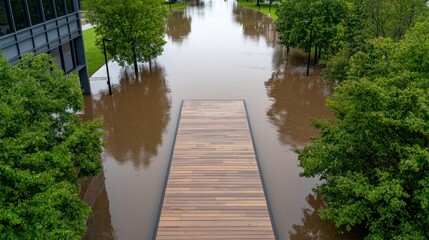 Flooded landscape with wooden walkway surrounded by green trees and still water at urban park during rainy season