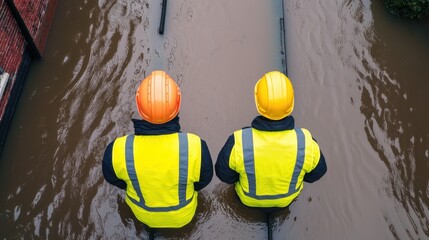 Two Construction Workers in Safety Gear Overseeing Flooded Area with Water and Pipes Visible