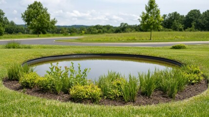 Circular Water Feature Surrounded by Lush Greenery in a Scenic Outdoor Setting with Blue Sky and Trees