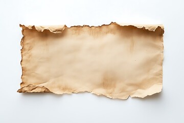 Antique parchment paper with burn marks and torn edges isolated on clean white surface