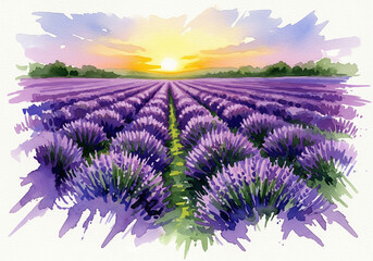 Obraz premium Watercolor Lavender Field, fading edges