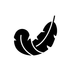 Feather icon. Simple glyph style. Light, weight, smooth, pillow, bird, quill, fluff, falling, lightweight concept. Silhouette, solid symbol. Isolated design.