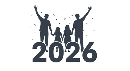 Obraz premium Silhouette of family celebrating new year 2026 with confetti and raised hands