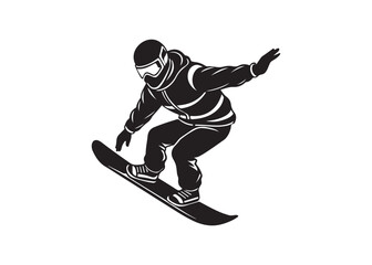 Snowboarder silhouette jumping downhill slope, dynamic winter sports illustration.