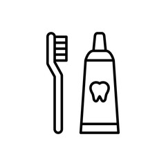 Toothbrush and toothpaste icon. Simple outline style. Toiletries, brush, tooth, paste, hygiene, oral, health, bathroom, dentist care concept. Thin line symbol. Isolated design.