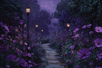 Obraz premium Enchanting pathway through a vibrant purple flower garden under a starlit night sky with glowing lanterns