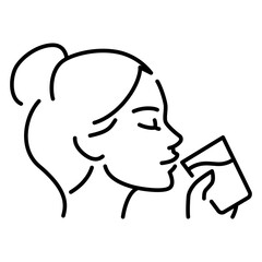 Woman drinking a glass of water icon. Simple outline style. Drink, mouth, face, person, girl, people, hand, skin, thirst, perfect, thirsty concept. Thin line symbol. Isolated design.