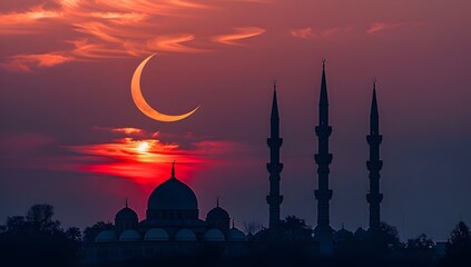 
Silhouette of a mosque with a crescent moon against a sunset sky background, for the Muslim festival of Ramadan Kareem.