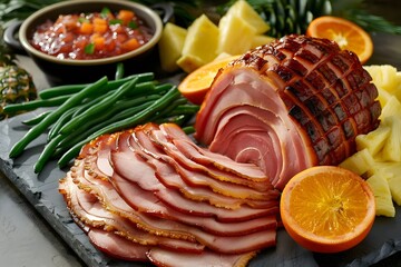 Sliced ham with orange and pineapple on a slate board, ham in a spiral cut, close-up view of a sliced pork loaf with oranges and pineapples around it