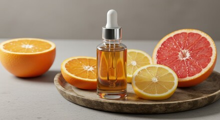 Citrus Fruits and Serum Bottle on Wooden Tray.