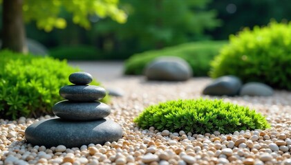Serene zen garden scene featuring carefully raked gravel, moss, and symbolic rocks Perfect for mindfulness, peace, tranquility, and spiritual well-being themes , spa, buddhism