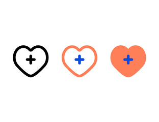 Three Heart Icons with Plus Symbols in Different Styles