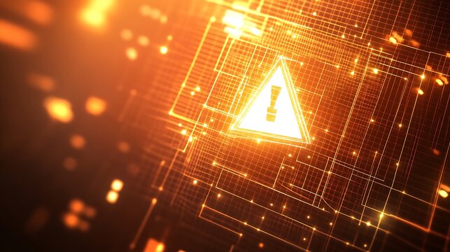 Glowing orange digital grid with warning exclamation point symbol; abstract technology network