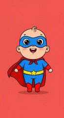A cheerful baby dressed as a superhero, complete with a blue mask and red cape, stands against a vibrant red backdrop.