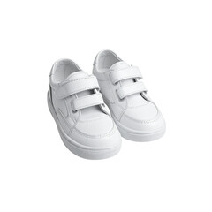 Children's white leather sneakers with separate shoelaces on white background