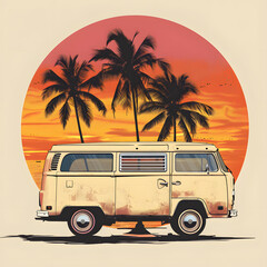 Classic Van with Palm Trees at Sunset Vector Art