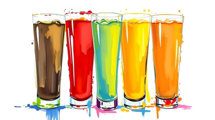 Acrylic painting of tall glasses filled with colorful juice, Vibrant color glass isolated on white