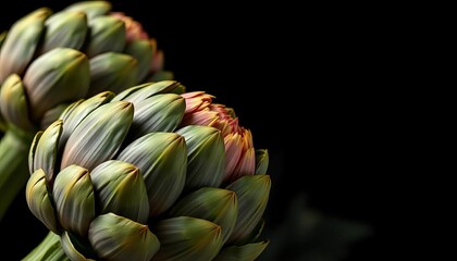 Fototapeta premium Close-up of raw artichokes against a stark black backdrop, produce, purple