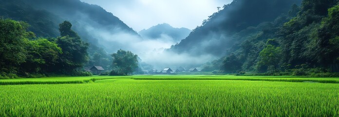Foggy rice fields at dawn with dewdrops, soft light, and distant mountains